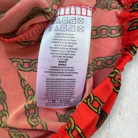 MICHAEL KORS Orange Gold Chain Link Print Fall Stretch Knit Blouse Top Women's L - Picture 3 of 3